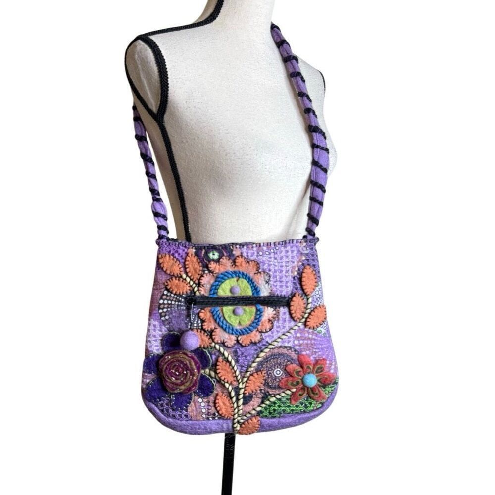 Rising Tide Cross Body Bag in Lavender Felted Wool With Floral Appliqué Boho